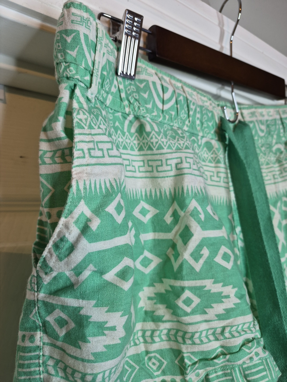 Lagaci Mint Green and White Printed Shorts with Drawstring Cotton Linen Size Xl - Picture 3 of 8